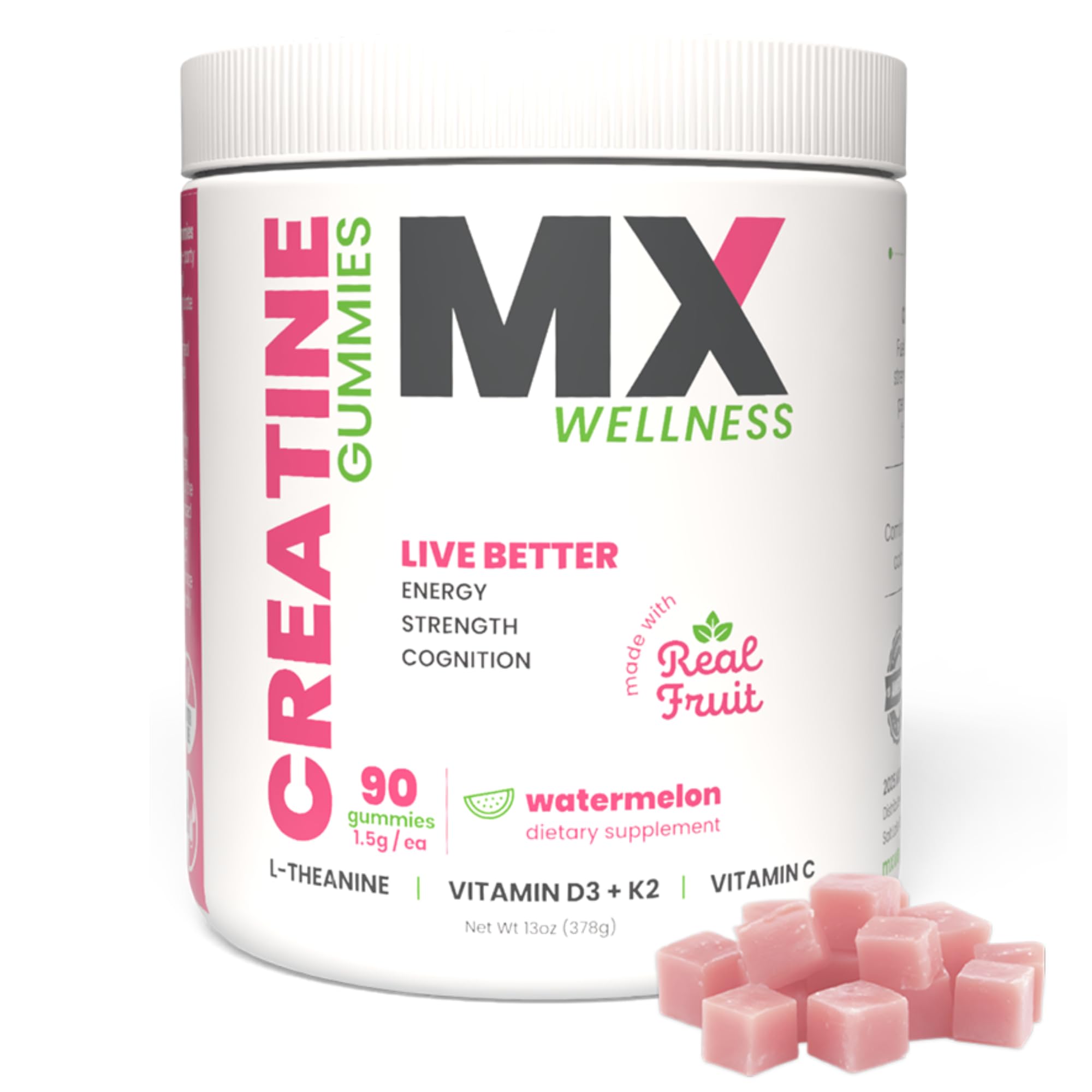 MX Wellness Creatine Monohydrate Gummies for Men & Women – Real Fruit Gummy Supplement for Muscle Growth, Recovery, Longevity, Cognitive Health & Memory – 90 Chews (90 Gummies, Watermelon) MX Wellness uk supplements