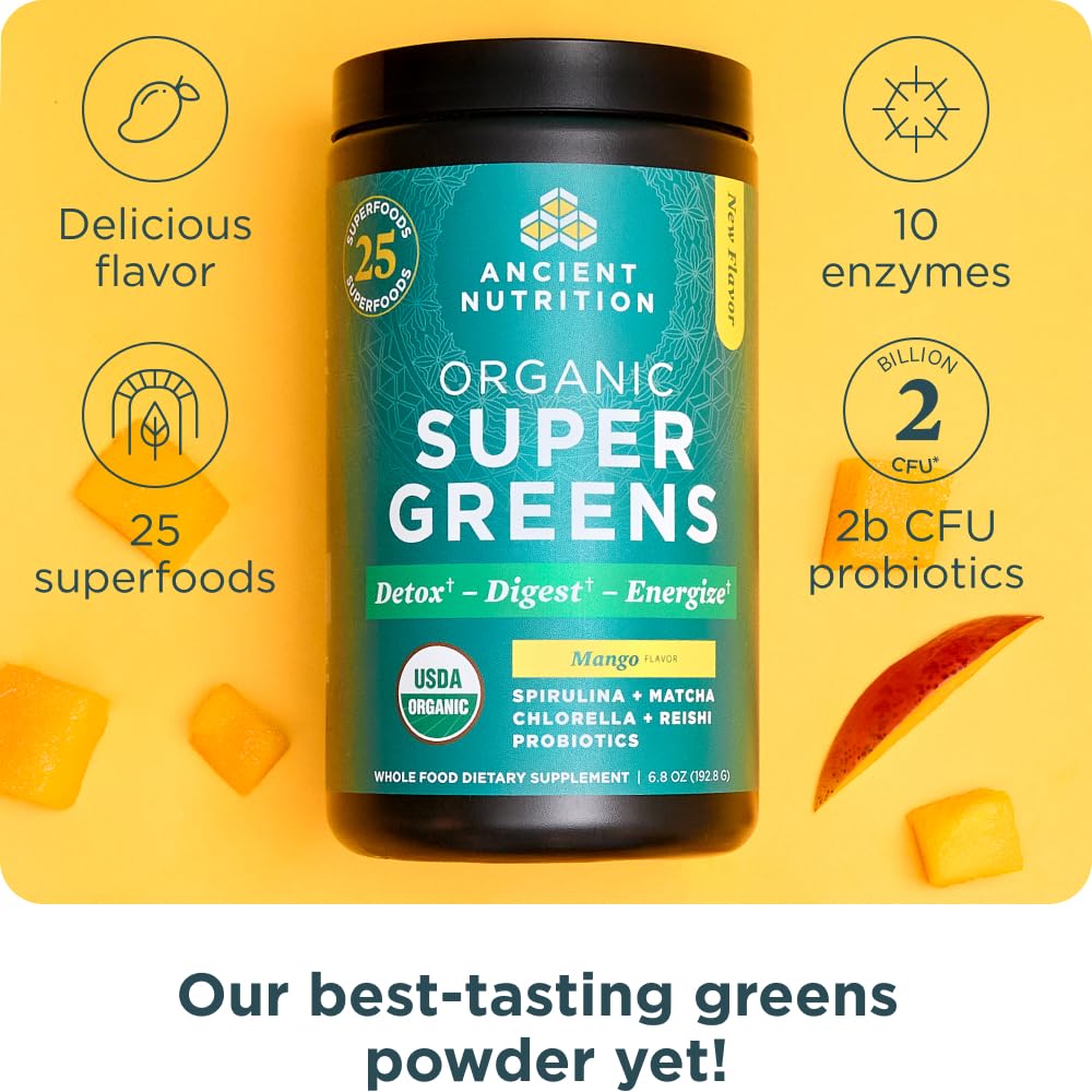 Ancient Nutrition Organic Supergreens Powder, Mango, 25 Servings + Multi Collagen Protein Powder, Vanilla, 60 Servings Ancient Nutrition uk supplements