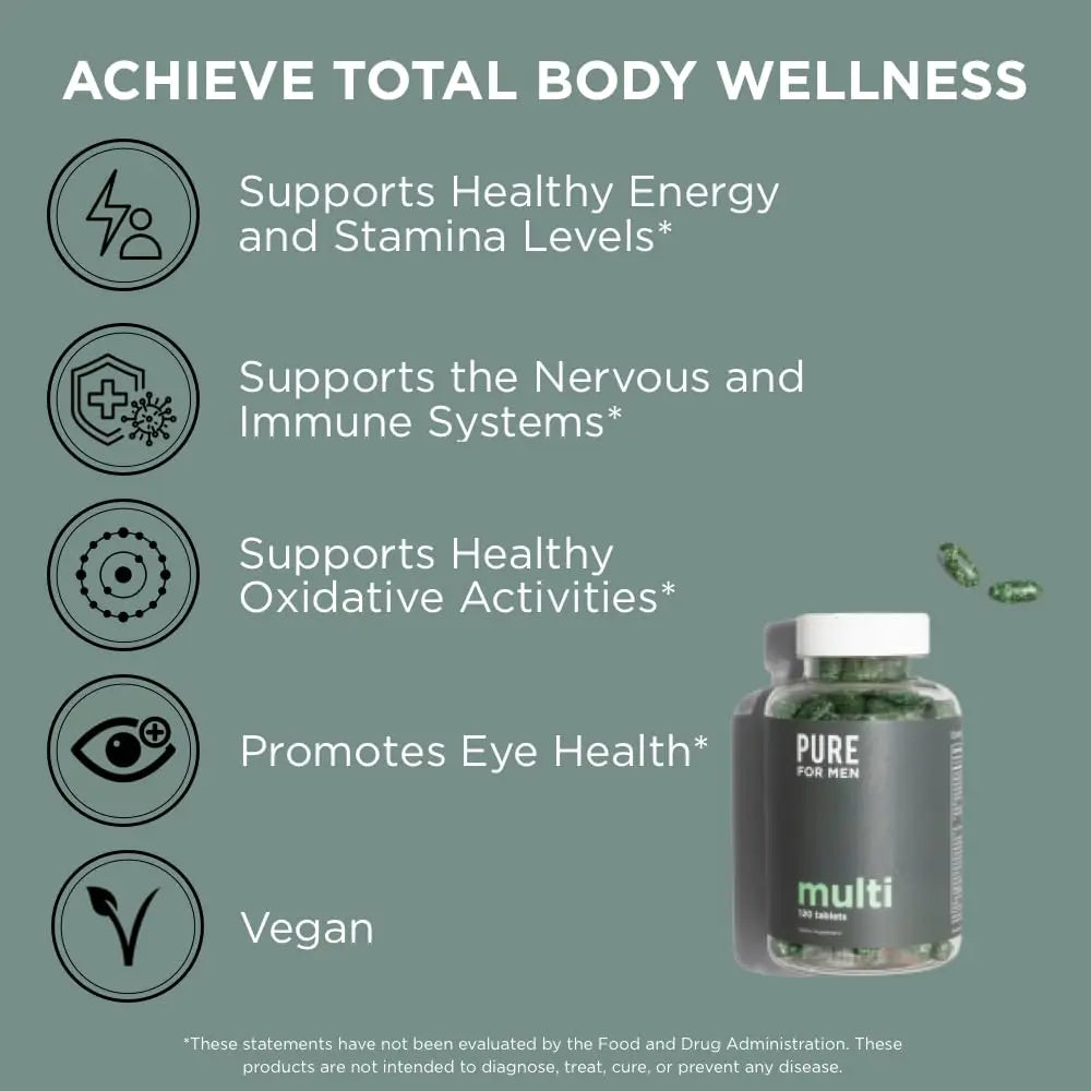 Pure for Men Multivitamin Supplement | Energy, Mood Support, Strong Bones, Antioxidants, Minerals | Vitamins A, B, C, D, Magnesium, Calcium | Pure for Men uk supplements