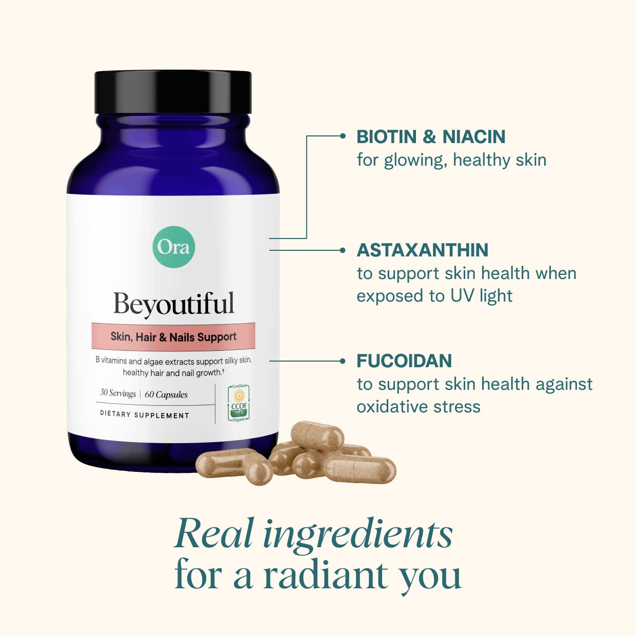 Ora Organic Hair, Skin, and Nails Support- BeYouTiful - Beauty Supplement with B Vitamins and Algae Extracts for Healthy Hair and Skin - 60 Vegan Capsules Ora Organic uk supplements