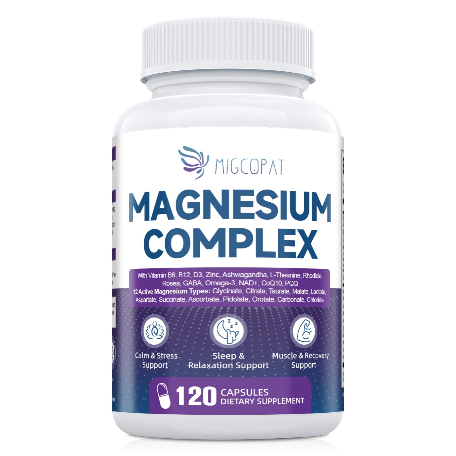 Migcopat Magnesium Complex w/Magnesium Glycinate, Malate, Citrate | 24-in-1 Magnesium Supplement w/Ashwagandha, L-Theanine & NAD+ | Supports Calm, Energy, Muscle & Sleep | Non-GMO, 120 Vegan Caps Migcopat uk supplements