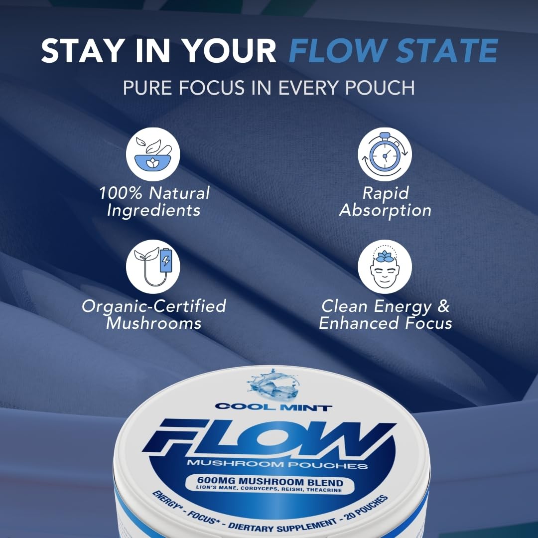 Flow Pouches Mushroom Nootropic Pouches - 600mg Organic Mushroom Energy Ultra Pouches with Lion's Mane, Reishi, Cordyceps for Focus & Clean Energy - Zero Caffeine or Sugar (5 Can Pack, Cool Mint) Flow Pouches uk supplements