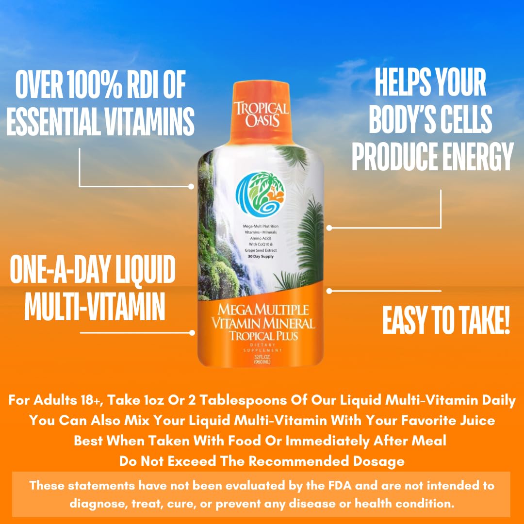 Tropical Oasis Mega Plus - Liquid Multivitamin and Mineral Supplement – Includes 85 Vitamins & Minerals, 20 Amino Acids + CoQ10, Grape Seed Extract & Organic Aloe Vera - 32oz, 32 Servings, 33460 Tropical Oasis uk supplements