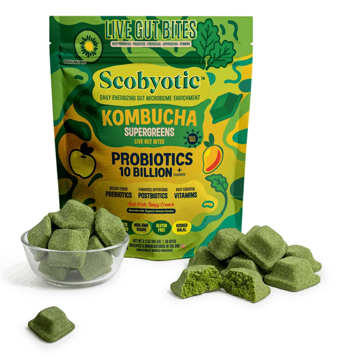 Scobyotic® Kombucha Supergreens Live Gut Bites – 10 Billion CFU Probiotics + Prebiotics & Postbiotics – Kombucha & Supergreens – Freeze-Dried Probiotic Supplement Scobyotic uk supplements