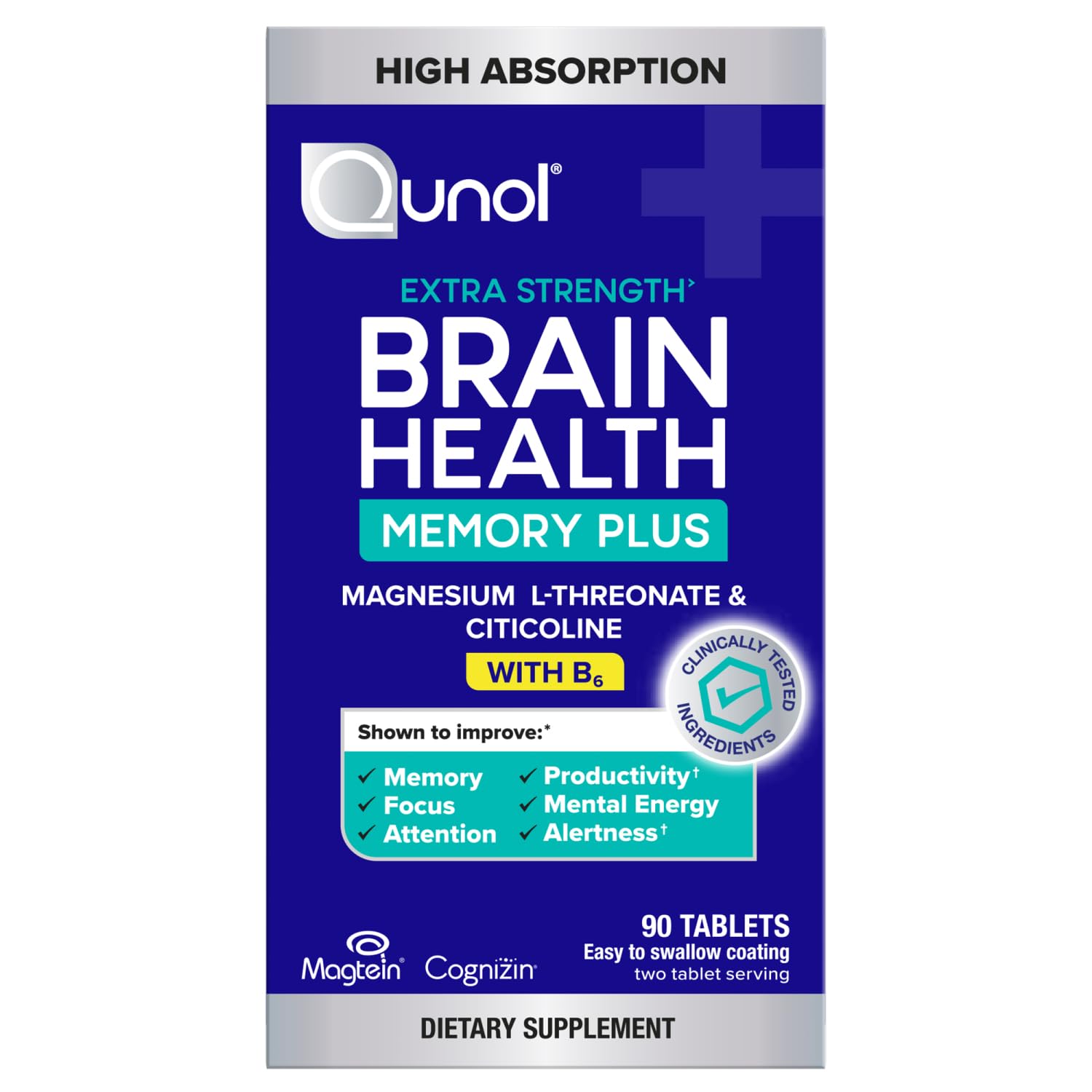 Qunol Brain Health Memory Plus with B6, Magnesium L-Threonate & Citicoline, Clinically Tested Ingredients to Improve Memory, Focus, Attention and Productivity, 90 Count Qunol uk supplements