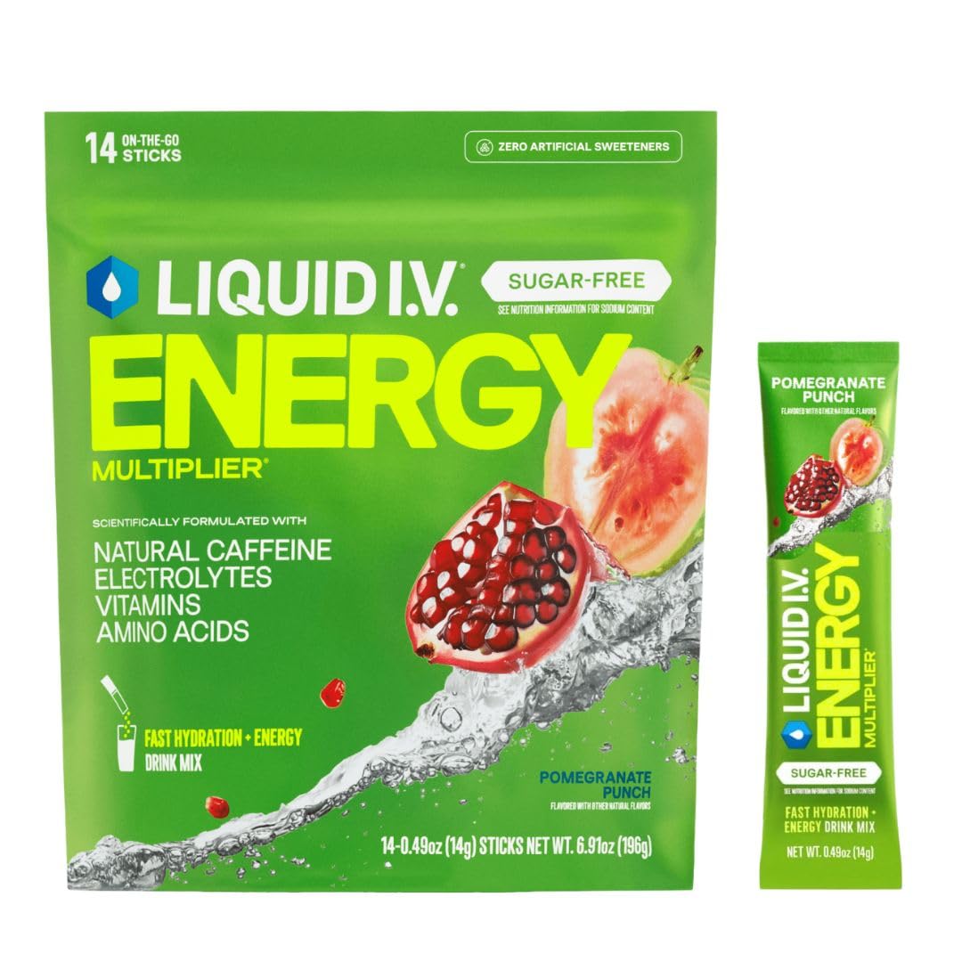 Liquid I.V.® Hydration Multiplier Sugar Free + Energy - Pomegranate Punch | Electrolyte Powder Drink Mix | 1 Pack (14 Servings) Liquid I.V. uk supplements