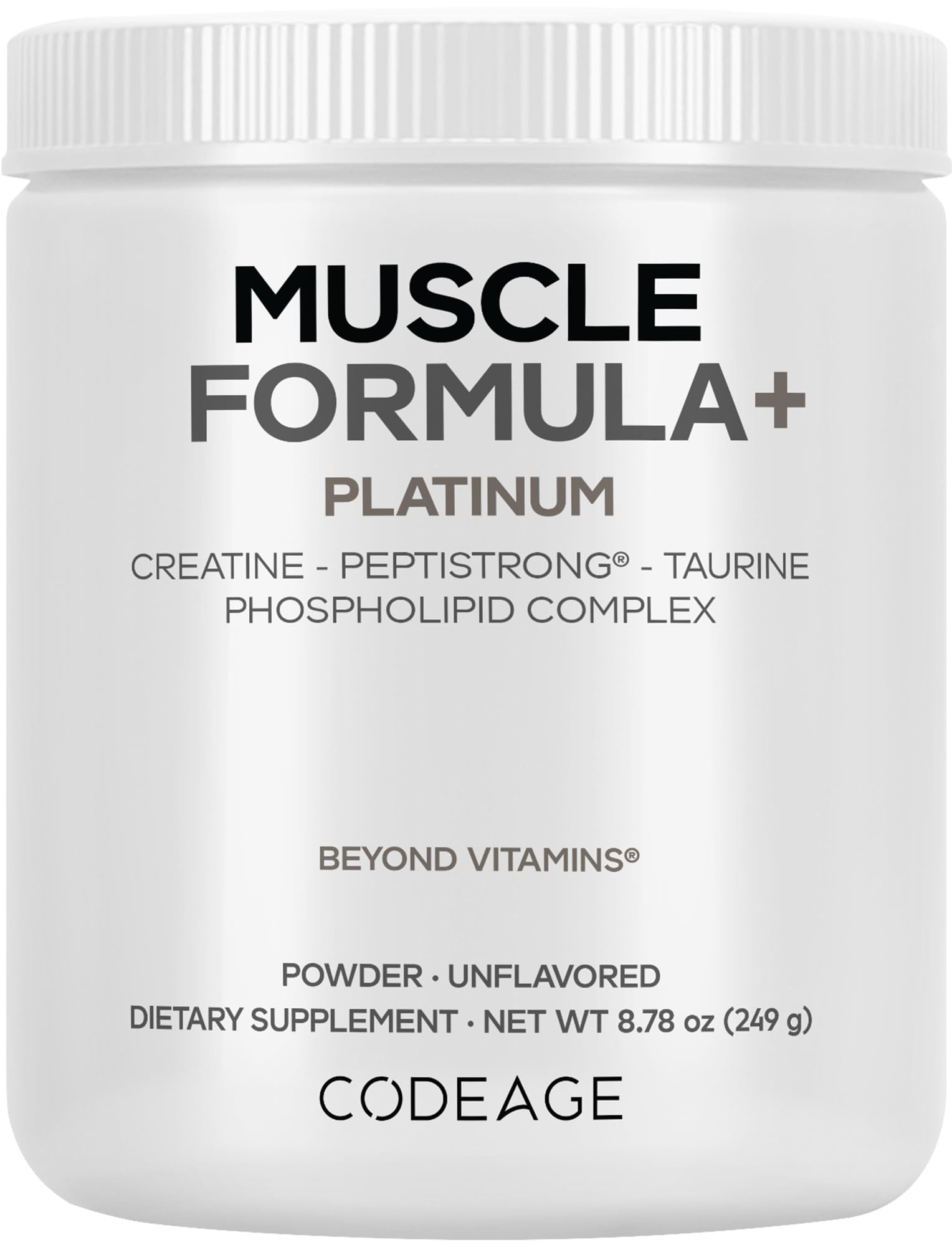 Codeage Muscle Formula+ Platinum Supplement - Creatine Monohydrate, PeptiStrong Fava Bean Protein Hydrolysate, Taurine, Vitamin D3, Liposomal Delivery - Non-GMO - Unflavored Protein Powder - 8.78 Oz Codeage uk supplements