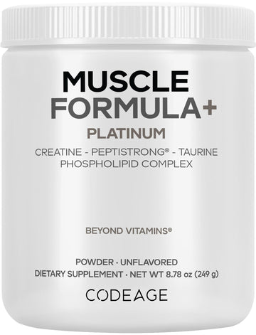 Codeage Muscle Formula+ Platinum Supplement - Creatine Monohydrate, PeptiStrong Fava Bean Protein Hydrolysate, Taurine, Vitamin D3, Liposomal Delivery - Non-GMO - Unflavored Protein Powder - 8.78 Oz Codeage uk supplements