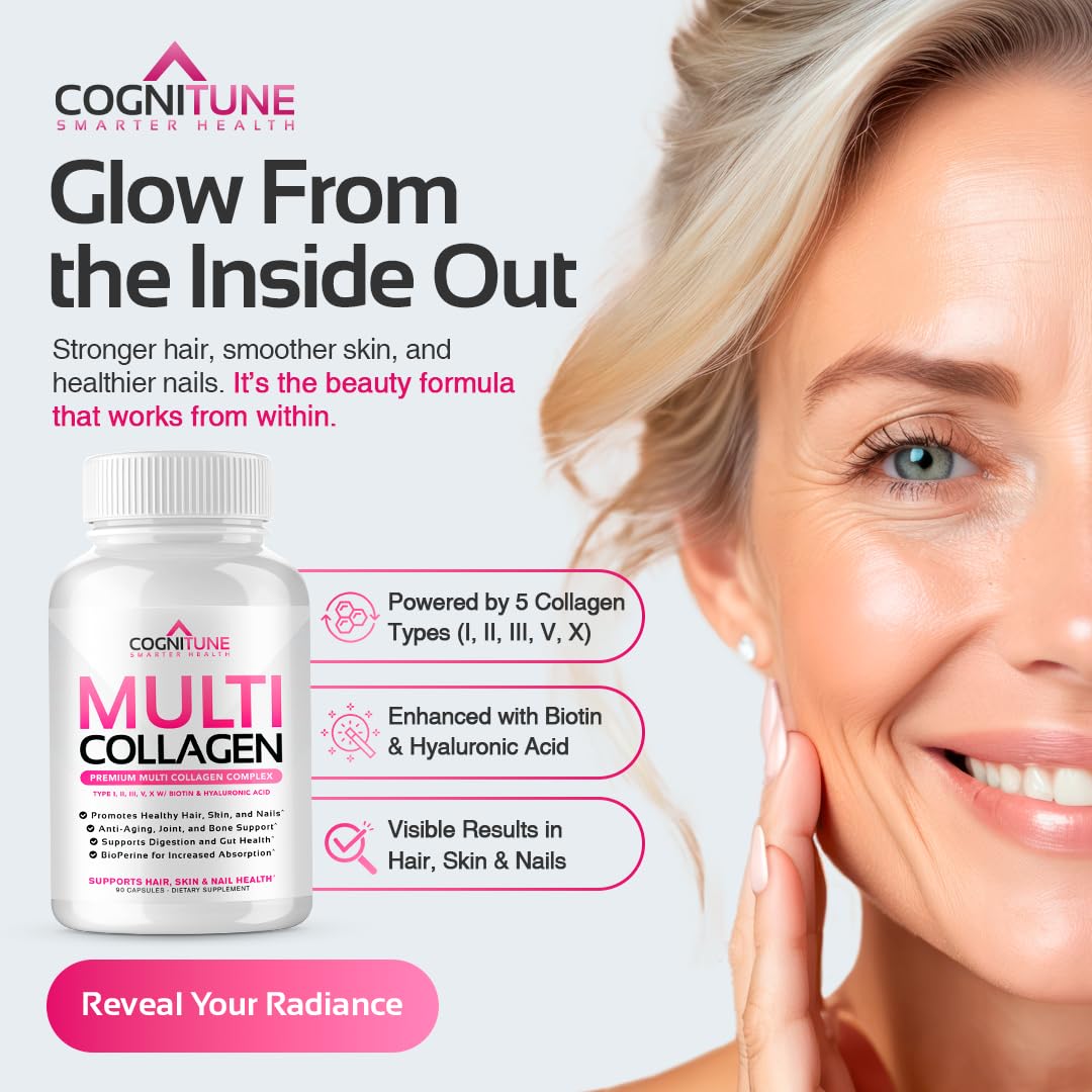 CogniTune Multi Collagen Peptides for Women with Biotin, Hyaluronic Acid, Vitamin C - 5 Types I II III V X Colageno Hidrolizado - 2000mg Hair Skin Nails Joints Support - 120 Capsules CogniTune uk supplements