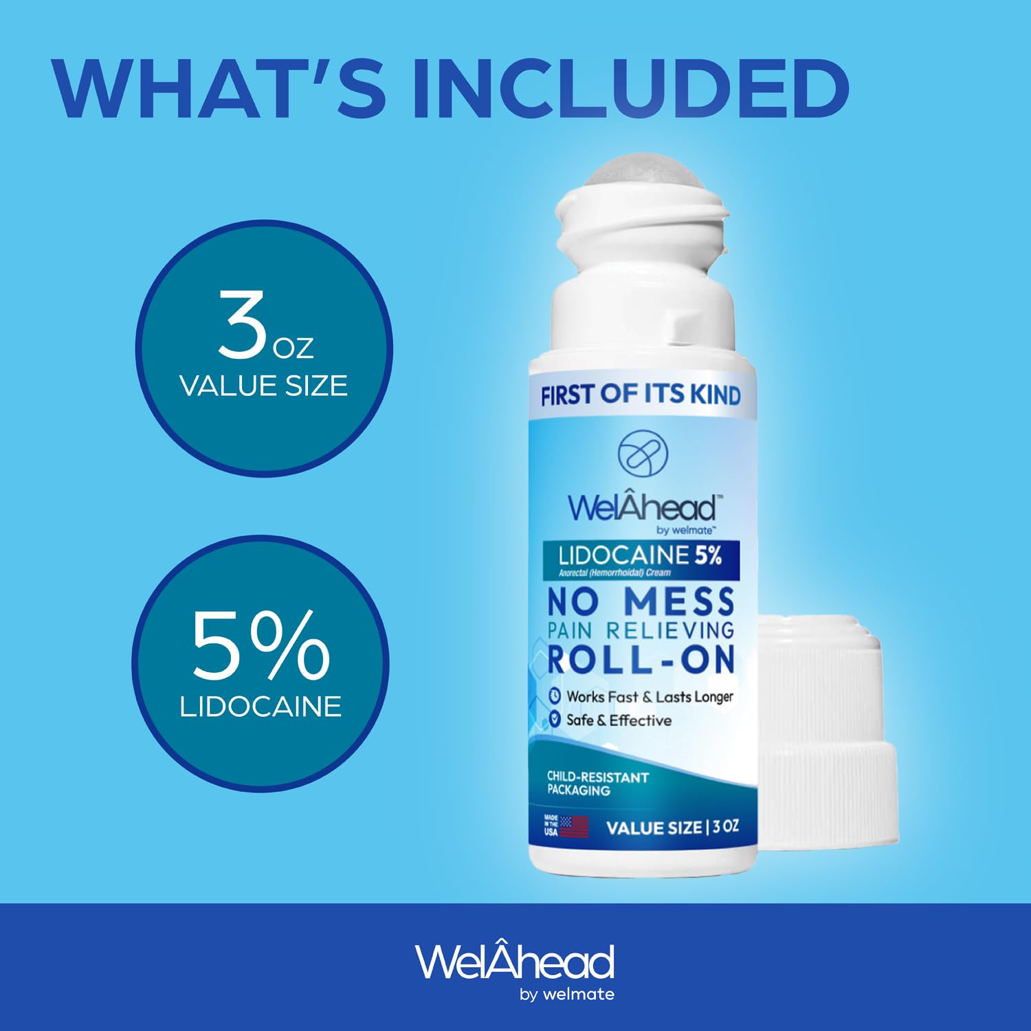 WELMATE - 5% Lidocaine Roll-On (3 oz Value Size) - No Mess Targeted Relief - Topical Anesthetic - Hemorrhoid Relief - Aloe Vera - Fast Acting & Long Lasting - Over-The-Counter Medication - First Aid WELMATE uk supplements