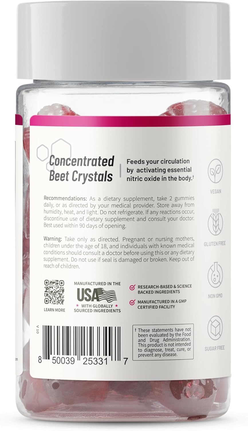 Snap Supplements Nitric Oxide Gummies - Beet Root Extract 300mg, Sugar Free Beetroot Supplement with Pomegranate Powder for Circulation & Natural Energy, 60 Vegan Gummies, Cherry Flavor Snap Supplements uk supplements