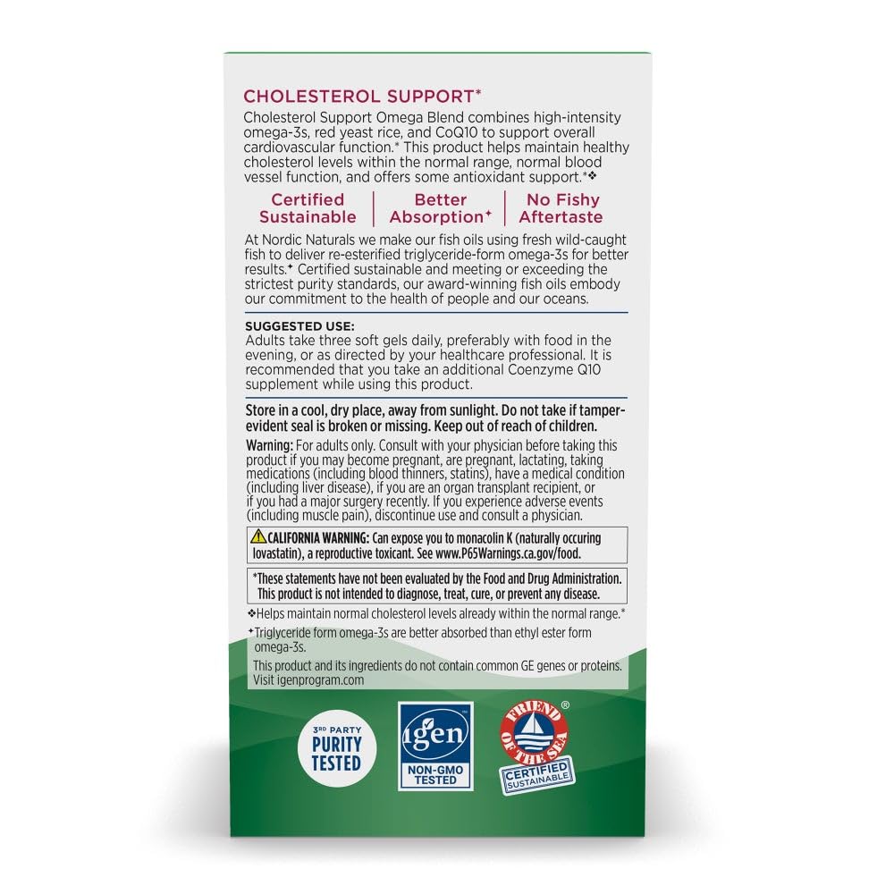 Nordic Naturals Cholesterol Support, Lemon - 60 Soft Gels - 975 Omega-3 + Red Yeast Rice & CoQ10 - Normal Cholesterol, Antioxidant Support - EPA & DHA - Non-GMO - 20 Servings Nordic Naturals uk supplements