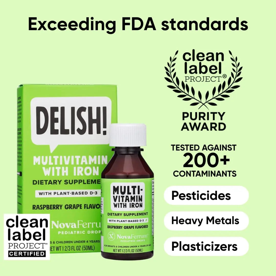 NovaFerrum Delish | Vegan Multivitamin with Iron for Infants, Toddlers & Kids | Immune Support | Organic Plant-Based D-3 | NovaFerrum uk supplements