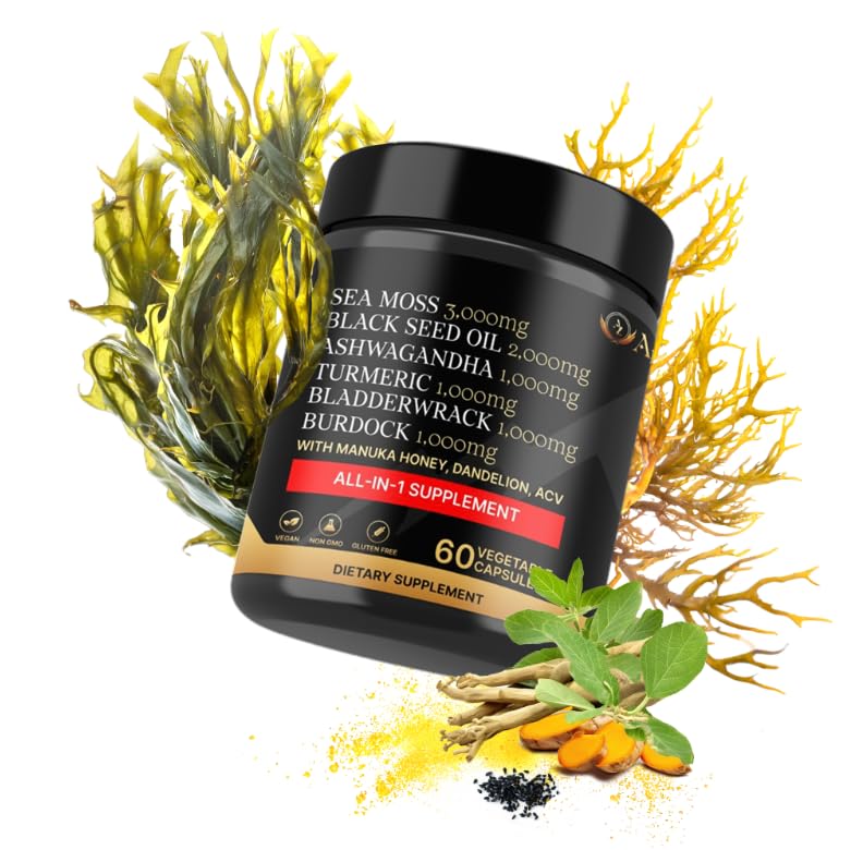 AZ ApexZone True Sea Moss Capsules Black Seed Oil Ashwagandha Burdock Root, Tumeric Supplement with Manuka Honey, Dandelion Root ACV - 60 Capsules - Multi Vitamin AZ ApexZone uk supplements