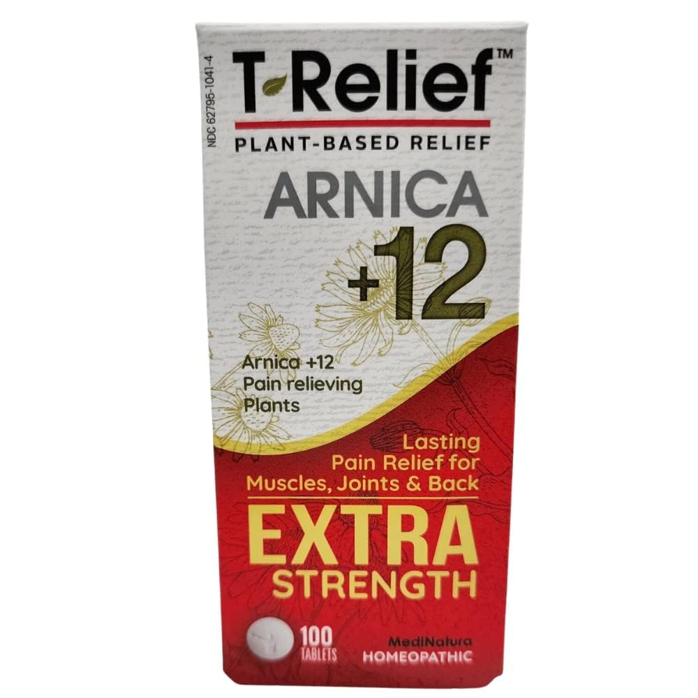 MediNatura T-Relief Extra Strength Pain Relief Arnica +12 Natural Relieving Actives for Back Pain Joint Soreness Muscle Aches & Stiffness, Whole Body Fast-Acting Relief for Women & Men - 100 Tablets MediNatura uk supplements