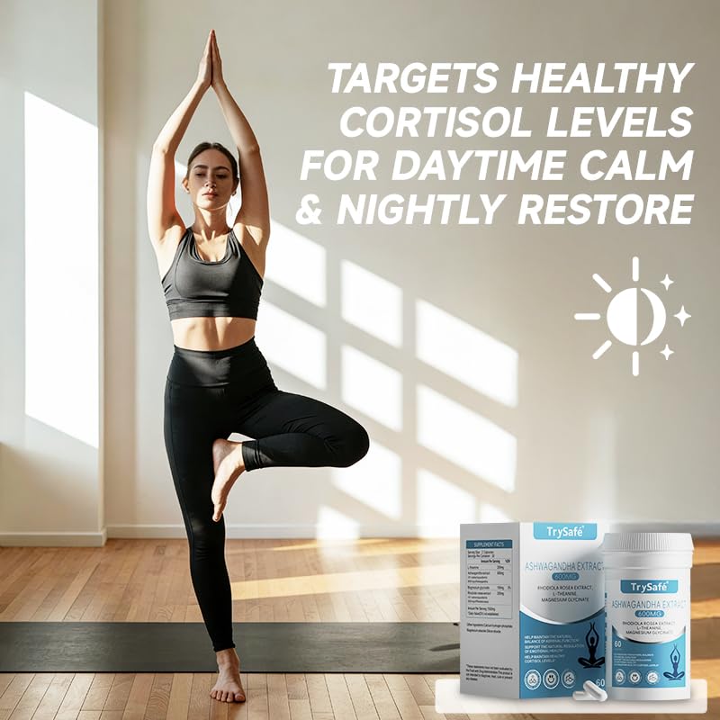 TrySafe 1100MG Cortisol Supplements for Women and Man with 600MG Ashwagandha, 200MG Rhodiola Rosea, 200MG L-Theanine, 100MG Magnesium Glycinate | for Healthy Stress Response*, Mood* TrySafe uk supplements