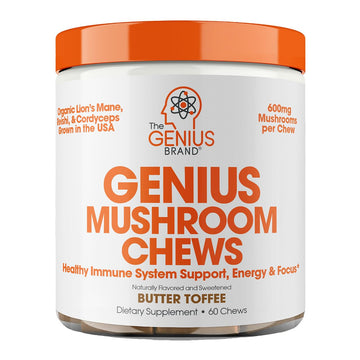 The Genius Brand Genius Mushroom - Plant-Based Supplement for Immune, Focus & Energy Support - Lion's Mane, Cordyceps & Reishi - Organic & Non-GMO - Butter Toffee - 60 Soft Chews The Genius Brand uk supplements