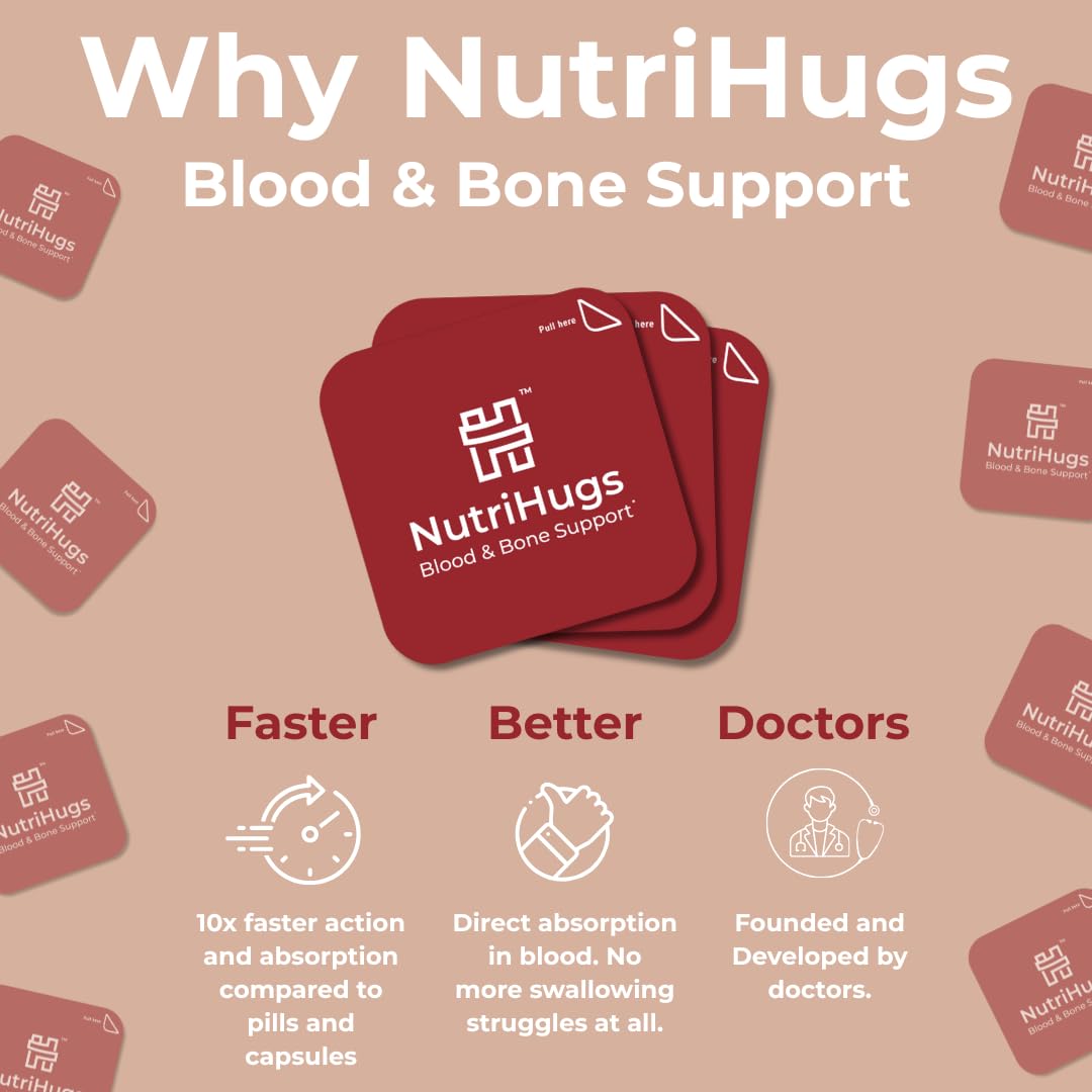 MedHugs NutriHugs Blood and Bone Support - Iron, Folate, Vitamin D3 and K2 - Fast-Dissolving Oral Thin Film Strips - Non-Constipating Iron - Vegan, Sugar-Free, Non-GMO - 30 Strips MedHugs uk supplements