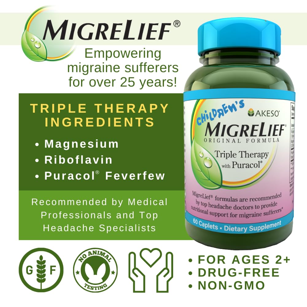 Children's MigreLief® - Triple Therapy with Puracol™ - Nutritional Support for Pediatric Migraine Sufferers - 60 Caplets/1 Month Supply MigreLief uk supplements