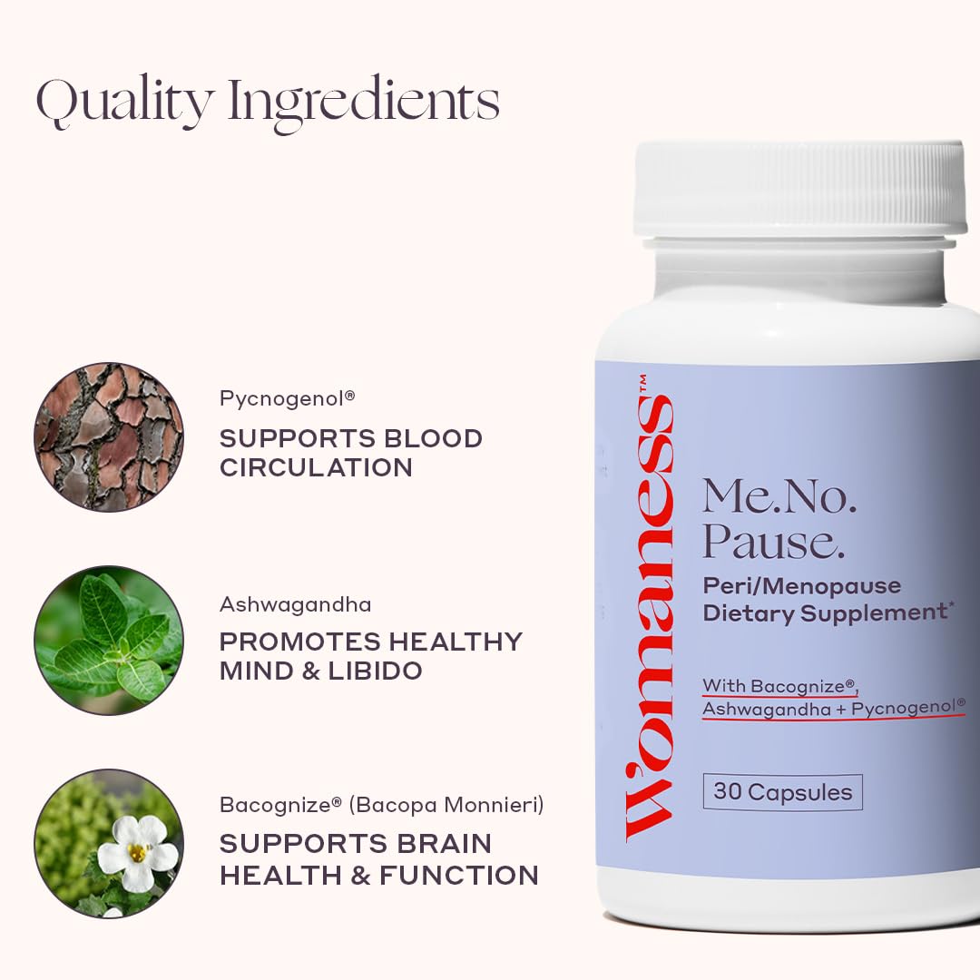 Womaness Menopause Supplements for Women - Hormone Balance for Women Perimenopause and Menopause - Ashwagandha, Pycnogenol and Bacognize for Hot Flashes, Brain Fog and Mood Hormone Free - 30 Capsules Womaness uk supplements