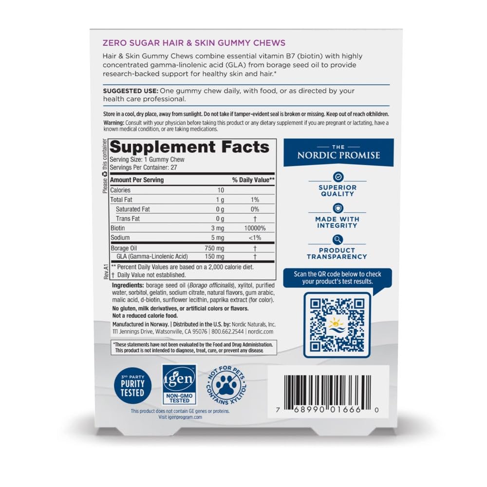 Nordic Naturals Zero Sugar Hair & Skin Gummy Chews, Strawberry Lemonade - 27 Gummy Chews - Biotin + GLA from Borage Oil - Promotes Healthy Balance of Fats in Skin - Non-GMO - 27 Servings Nordic Naturals uk supplements