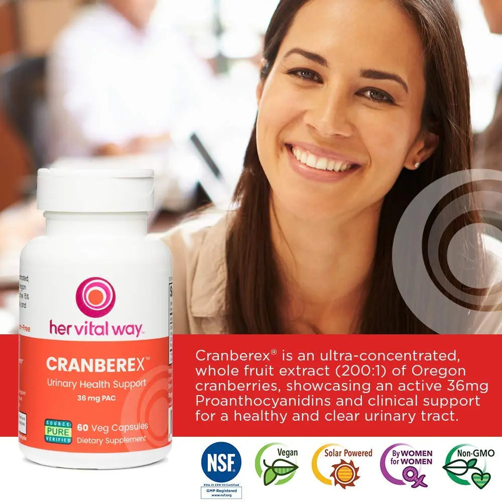 her vital way Cranberex - Cranberry Pills for Women and Men - Cranberry Supplement with 36mg PAC - Cranberry Extract Capsules for Urinary Tract Health and Kidney Care - 60 Veg Capsules her vital way uk supplements