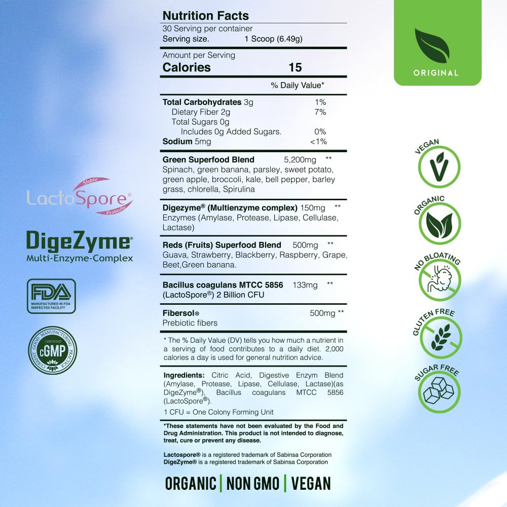 Blossom SuperGreens Probiotics – Digestive Enzymes with Pre/ProBiotics for Bloating Relief – 30+ SuperGreens & SuperReds to Boost Energy –Organic, Gluten-Free, No Fiber, 0g Sugar (Lemon Citrus) BRANIA uk supplements