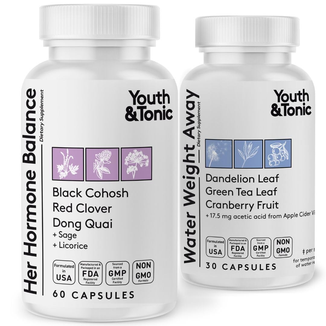 Youth & Tonic PMS & Menopause Bloating Relief Duo – Support for Puffiness, Hormonal Balance & Fluid Retention – Her Hormone Balance + Water Weight Away Natural Herbs for Women, 90 Capsules Youth & Tonic uk supplements