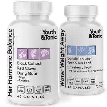 Youth & Tonic PMS & Menopause Bloating Relief Duo – Support for Puffiness, Hormonal Balance & Fluid Retention – Her Hormone Balance + Water Weight Away Natural Herbs for Women, 90 Capsules Youth & Tonic uk supplements