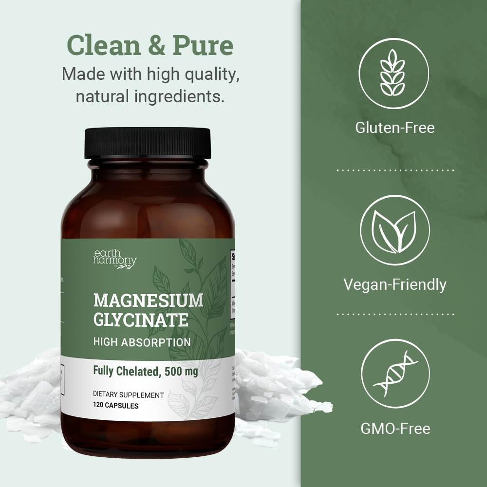 Pure Magnesium Glycinate 500mg - Chelated Magnesium Supplement, High Absorption Capsules for Sleep, Glicinato De Magnesio with Organic MCT Powder (120 Capsules) Earth Harmony Naturals uk supplements