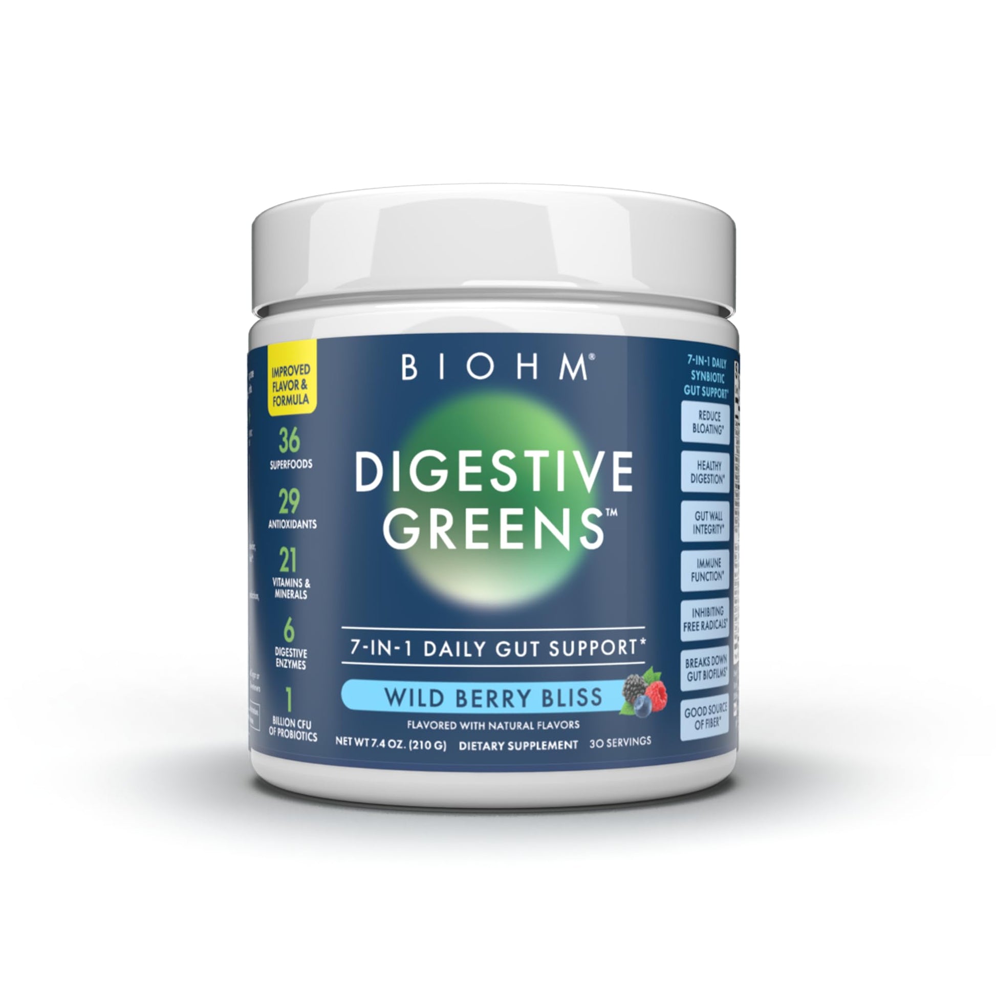 BIOHM Digestive Greens, Green Superfood Powder (7.4 Oz, 30 Servings) Immune & Gut Health Support with Antioxidants, Vitamins, Probiotics & Enzymes, Good Source of Fiber, Berry Flavor BIOHM uk supplements