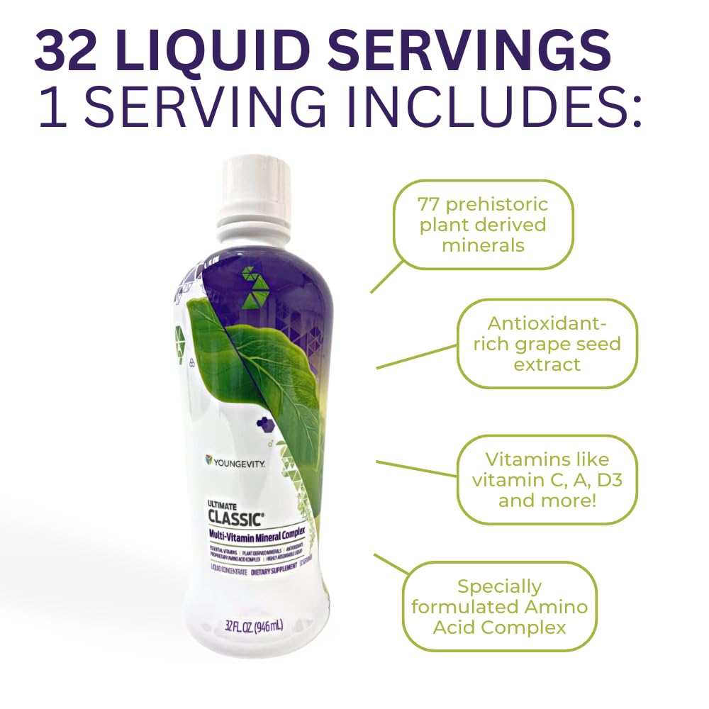 Youngevity Ultimate Classic® - Mega Multi-Vitamin & Mineral Complex - 16 Vitamins, 70+ Minerals, 12+ Amino Acids, Grape Seed, CoQ10, and More - Highly Absorbable Liquid (32 Fl Oz - Pack of 1) Youngevity uk supplements