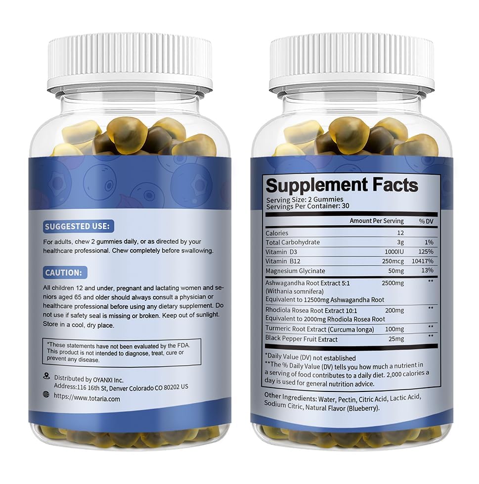 (2 Packs) Sugar Free Ashwagandha Filled Gummies w/Vitamin D3, Magnesium Glycinate, Rhodiola, Ultra Strength Ashwa Root Supplements for Women & Wen, for Relaxation, Energy, Cortisol Gummies Totaria uk supplements