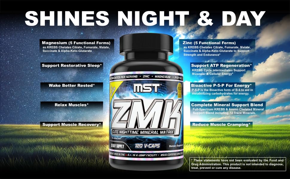 MST ZMK (Zinc & Magnesium as Krebs Chelates (as Citrate, Fumarate, Malate, Succinate, Alpha-Keto-Glutarate. With Mineral Support Blend & Trace Minerals. Support ATP, Sleep, Muscle Recovery, 120 V Caps MST uk supplements