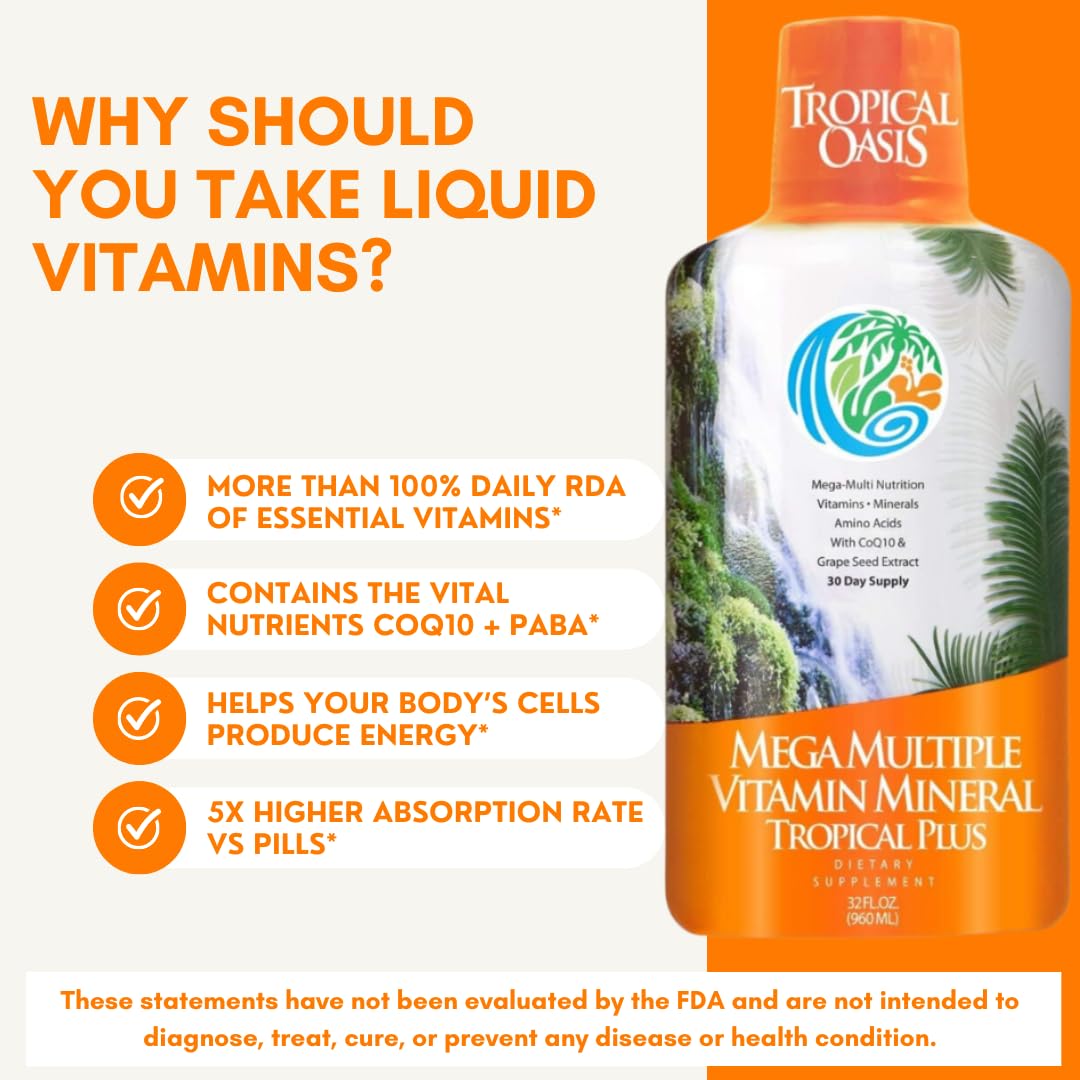 Tropical Oasis Mega Plus - Liquid Multivitamin and Mineral Supplement – Includes 85 Vitamins & Minerals, 20 Amino Acids + CoQ10, Grape Seed Extract & Organic Aloe Vera - 32oz, 32 Servings, 33460 Tropical Oasis uk supplements