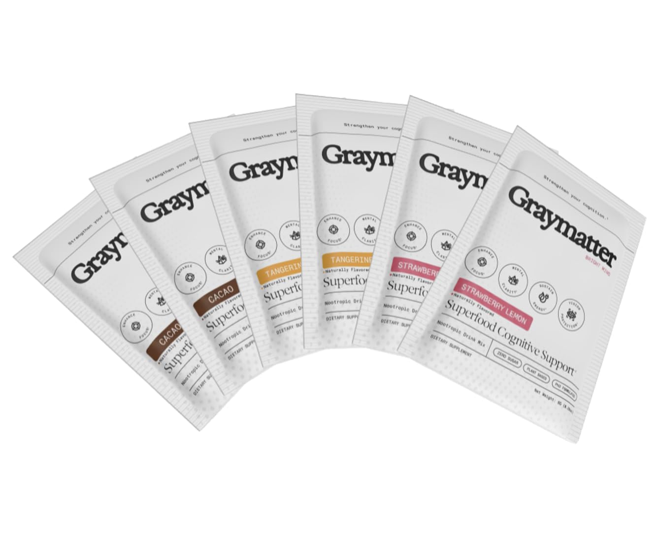 Graymatter Bright Mind Nootropic Powder (6 Travel Packets Variety Pack: Cacao, Tangerine, Strawberry Lemon) – Plant-Based Energy & Focus Drink Mix, Adaptogens & Vitamins, Sugar-Free Daily Supplement Graymatter uk supplements