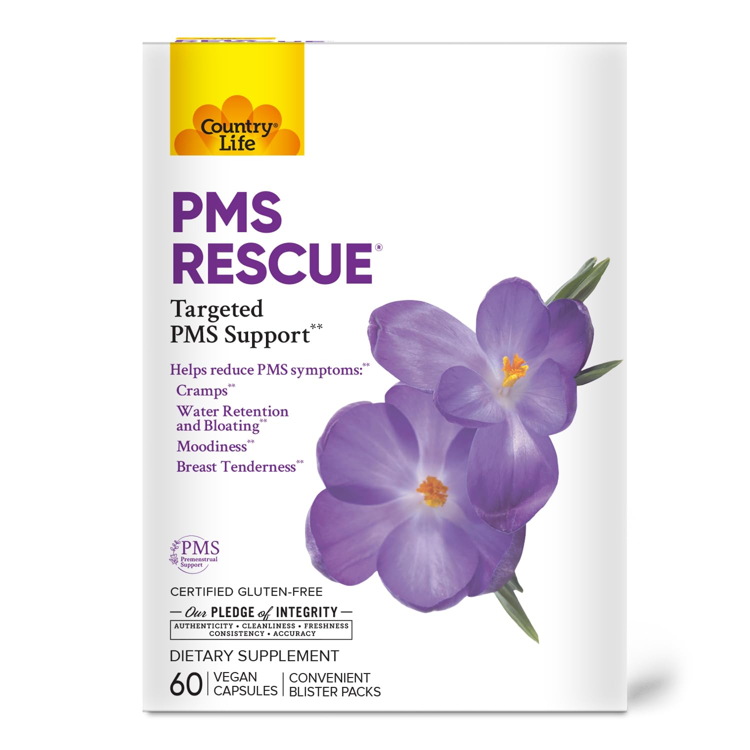 Country Life PMS Rescue – PMS Support Supplement for Women, Menstrual Cycle Support, Helps Support Mood, Bloating & Cramps, Herbal & Nutrient Blend, Vegan Capsules, 60 Count Country Life uk supplements