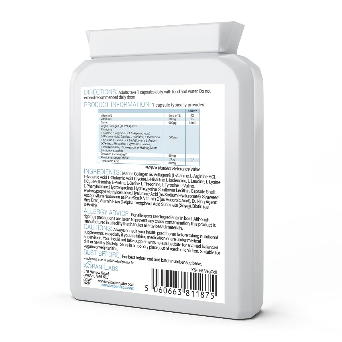 Vegan Collagen & Hyaluronic Acid Complex - 60 Capsules - Effective Skin, Hair & Nails Formula Xspan Labs uk supplements