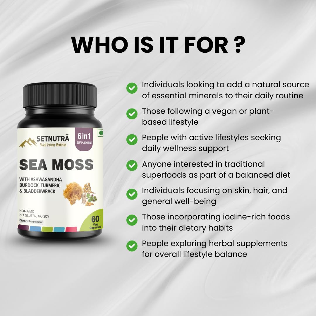 SETNUTRA Well From Within Sea Moss 6 in 1 Super Blend Ashwagandha Burdock Turmeric & Bladderwrack Immunity & Detox Support 60 Veg Capsules Non GMO No Gluten SETNUTRA Well From Within uk supplements