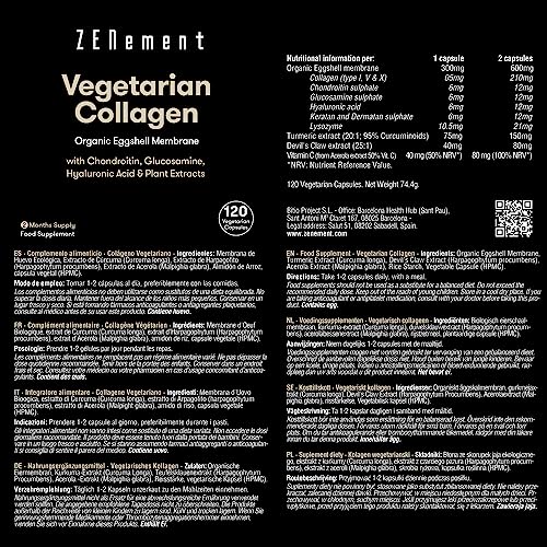 Vegetarian Collagen, from Organic Eggshell Membrane, 120 Capsules | with Glucosamine, Chondroitin, Hyaluronic Acid and Plant Extracts Zenement uk supplements