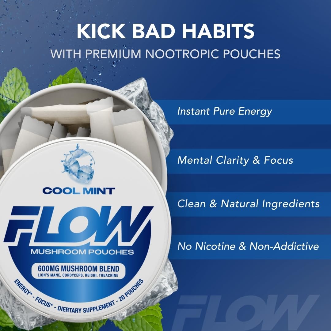 Flow Pouches Mushroom Nootropic Pouches - 600mg Organic Mushroom Energy Ultra Pouches with Lion's Mane, Reishi, Cordyceps for Focus & Clean Energy - Zero Caffeine or Sugar (5 Can Pack, Cool Mint) Flow Pouches uk supplements