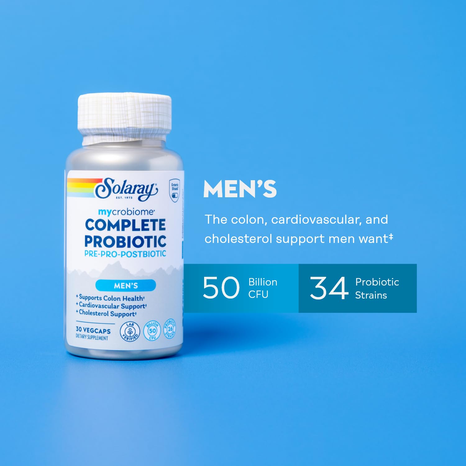 SOLARAY Mycrobiome Complete Probiotic Men's Formula - Pre and Probiotics for Men Plus Postbiotic - Digestive Health and Immune Support - 50 Billion CFU, 26 Strains - Vegan - 30 Servings, 30 VegCaps SOLARAY uk supplements