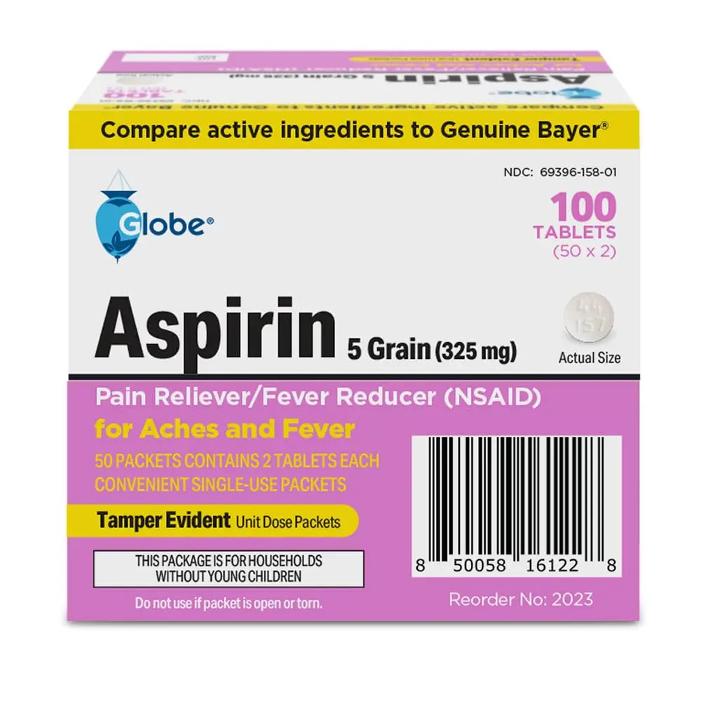 Globe Aspirin Tablets, 325 mg - 100 Count, Single Use Packets, NSAID Pain Relief, Pain Reliever & Fever Reducer, Arthritis Pain Relief, Headache Relief, Migraine Medicine Aspirin Pain Reliever. Globe uk supplements