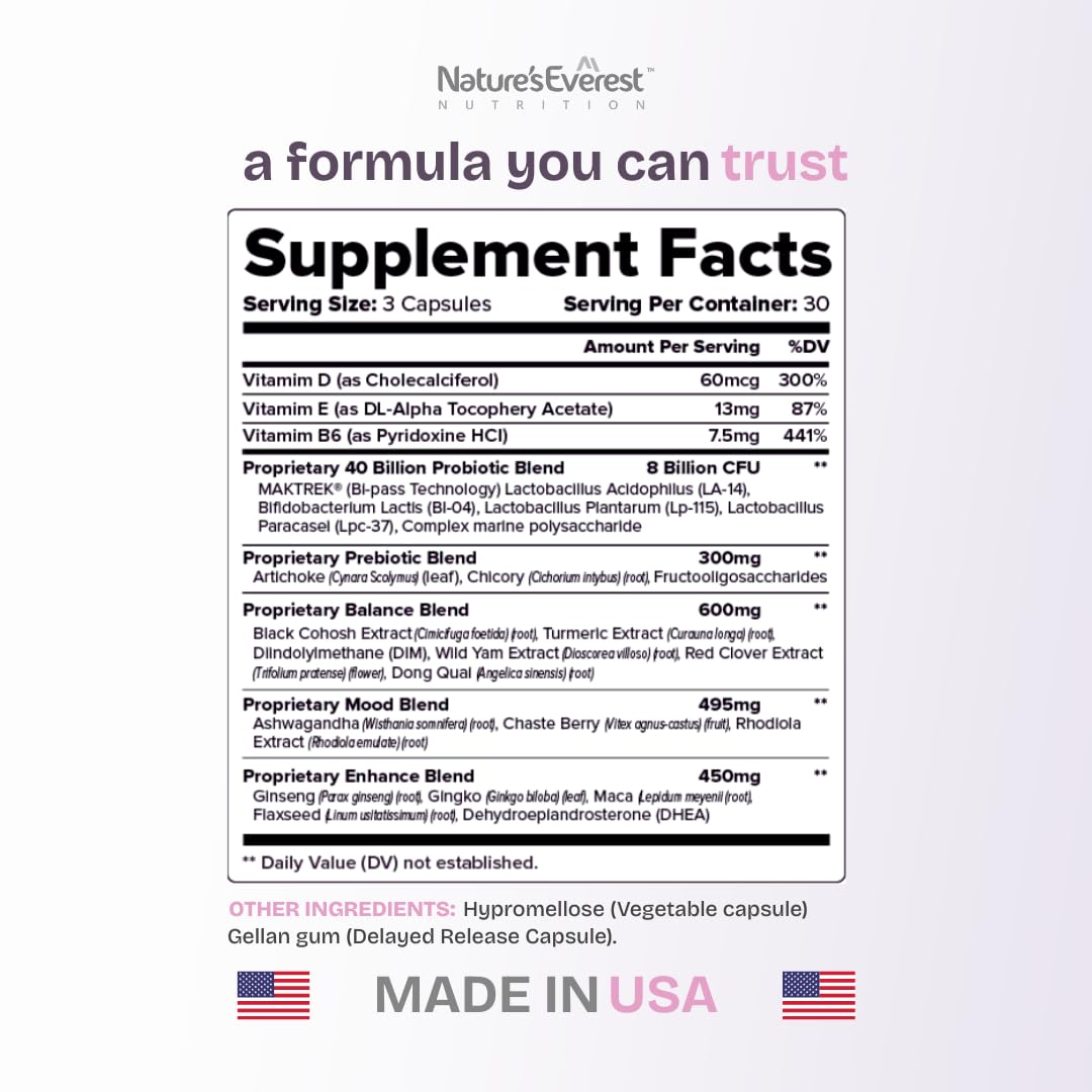 Complete Menopause Supplement for Women – Supports Hormone Balance, Hot Flashes, Night Sweats & Mood – with DIM, Black Cohosh, Dong Quai, Chasteberry, Pre & Probiotics – 90 Capsules – Made in USA Nature's Everest uk supplements
