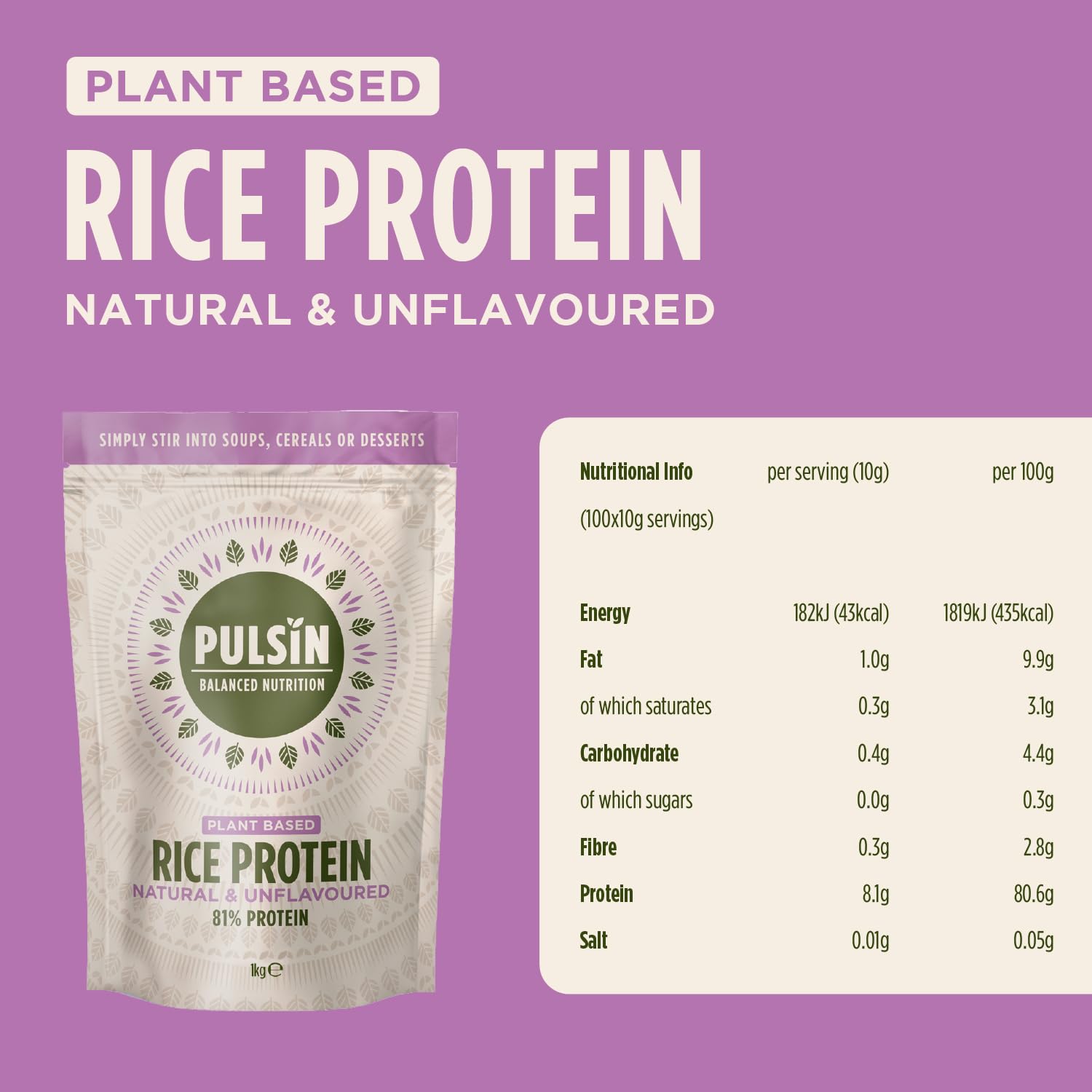 Pulsin - Natural & Unflavoured Vegan Rice Protein Powder - 1kg - 8.1g Protein, 0.4g Carbs, 43 Kcal Per Serving Pulsin uk supplements