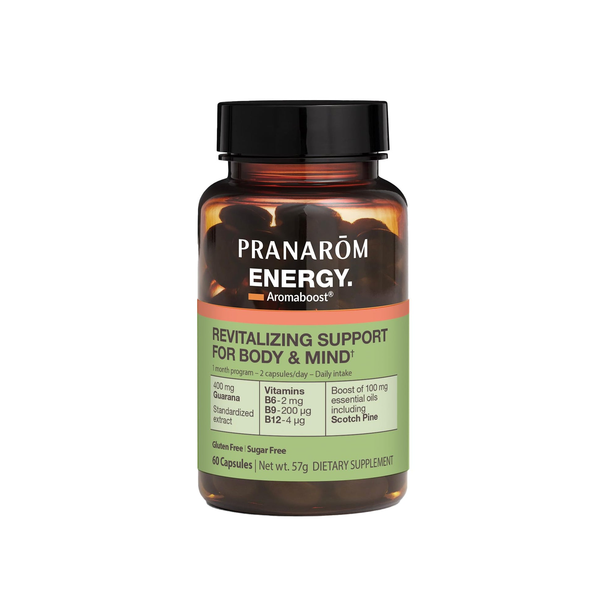 Pranarom - Aromaboost Energy Herbal Supplement - for Physical and Mental Fatigue - Guarana - Vitamins B6 B9 B12 - Pure Scots Pine Essential Oil - 60 Count Pranarom uk supplements