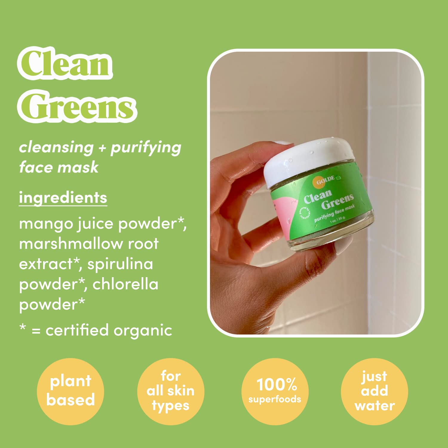 GOLDE - Clean Greens Superfood Face Mask - Made w/Chlorella & Spirulina - Great for Acne Prone, Oily & Dry Skin, Hydrating - Gentle Cleanser - Vegan - Aluminum-Free - 30g Jar GOLDE uk supplements