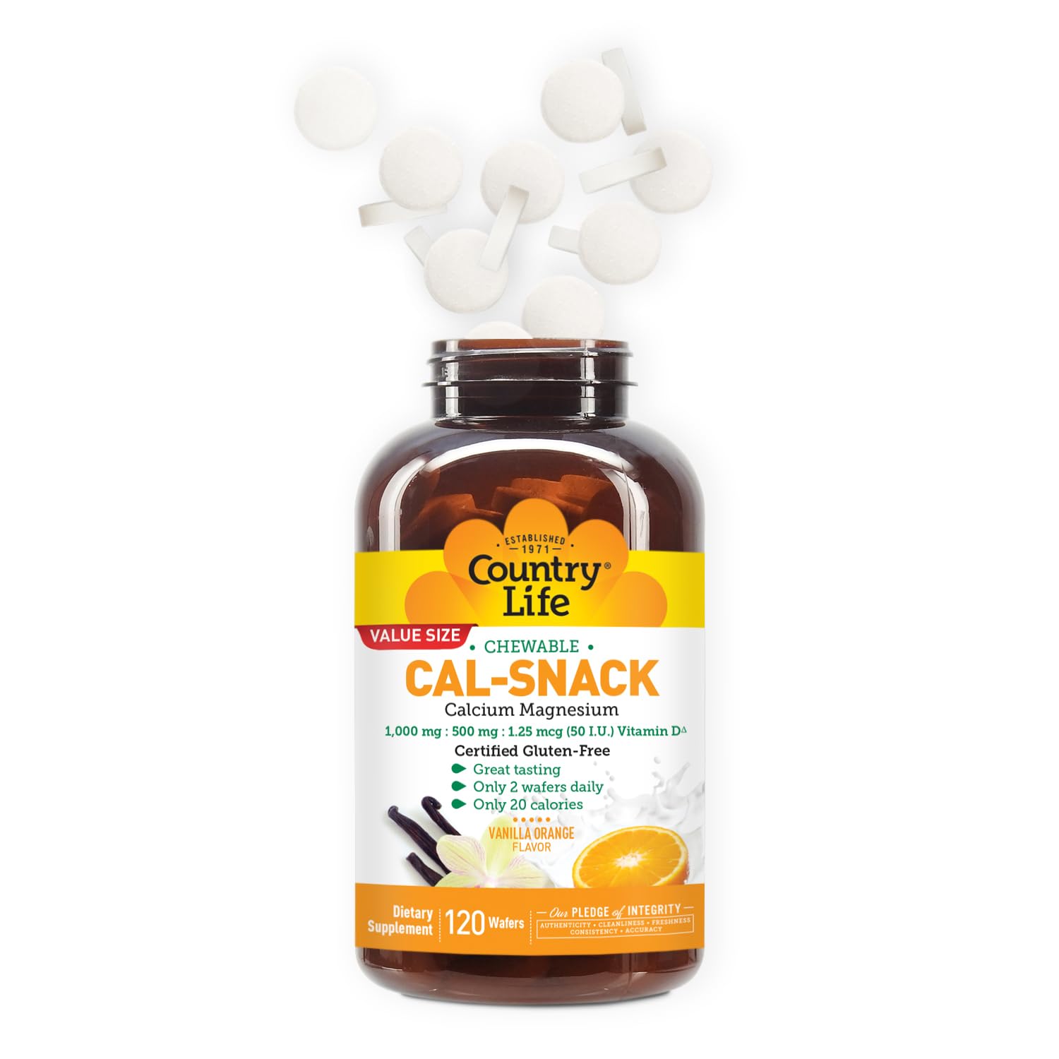 Country Life Cal-Snack - Chewable Calcium Magnesium Supplement wafers with Vitamin D3, Easy to Digest, Vanilla Orange Flavor, Dietary Supplement Country Life uk supplements