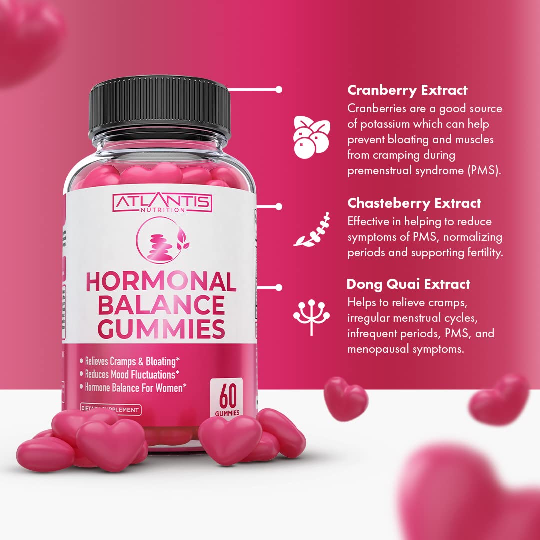 Atlantis Nutrition Hormonal Balance for Women & PMS Relief Gummies - Alleviates Cramps, Bloating, Mood Swings, Hot Flashes & Night Sweats - Cranberry, Dong Quai & Chasteberry Menstrual Cramp Relief Atlantis Nutrition uk supplements