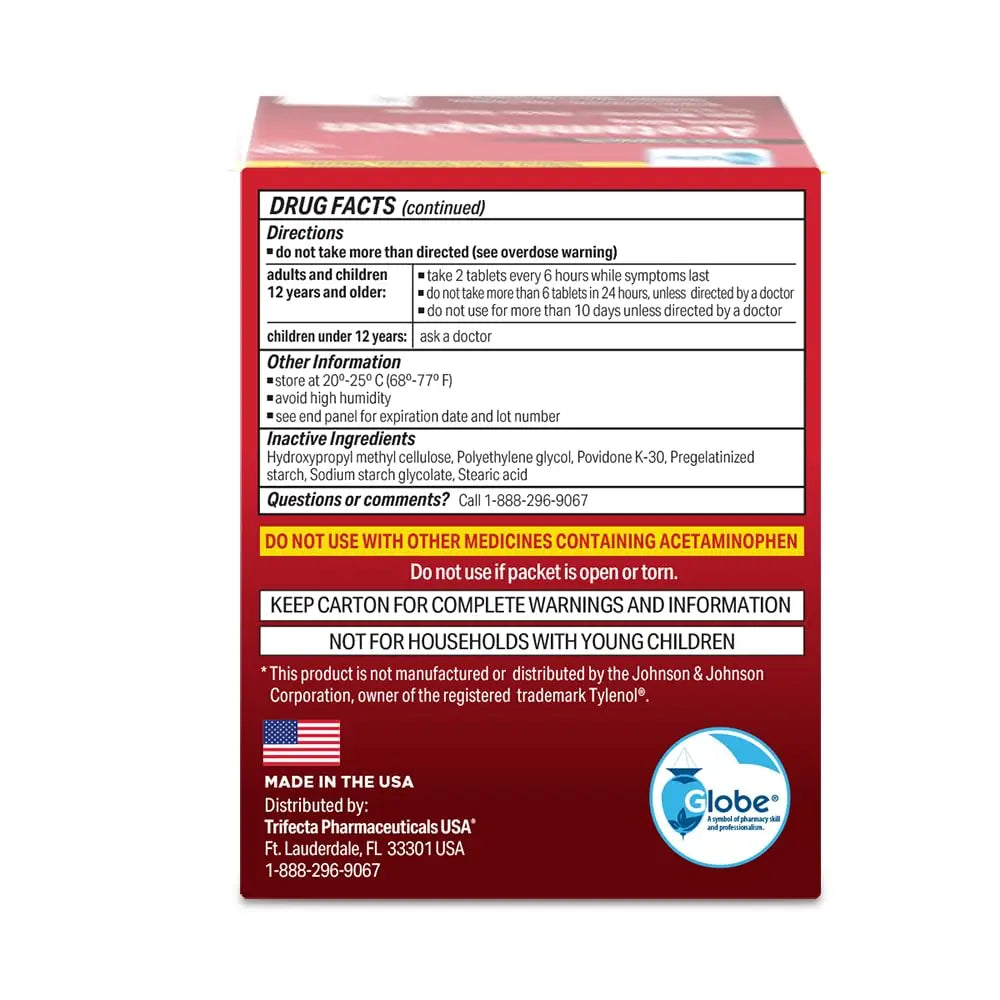 Globe Extra Strength Acetaminophen Tablets 500 mg, Pain Reliever and Fever Reducer, Gentle on Stomach, for Arthritis Pain, Backache Pain and More, 50 Packets of 2 Tablets Each, 100 Count Globe uk supplements